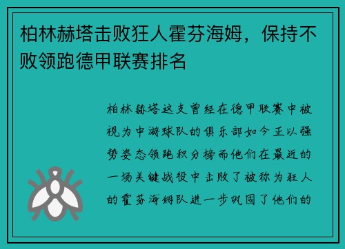 柏林赫塔击败狂人霍芬海姆，保持不败领跑德甲联赛排名